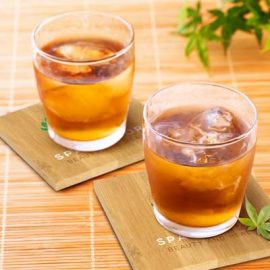 The Trends Bamboo Coasters are a set of 4 coasters.  Eco Friendly.  Sustainably grown bamboo.  Great branded eco promotional products.