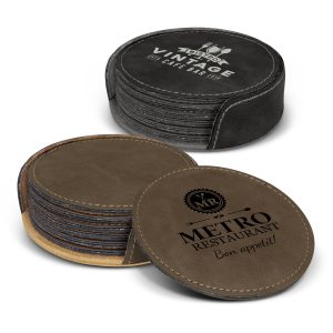 116581 Trends Collection Sirocco Coaster Set - Promotrenz The Trends Collection Sirocco Coaster Set is a set of 6 round coasters that can be laser engraved. In Dark Brown or Black. Great smart coaster corporate gifts.