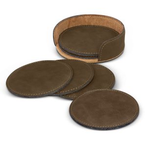 The Trends Collection Sirocco Coaster Set is a set of 6 round coasters that can be laser engraved. In Dark Brown or Black. Great smart coaster corporate gifts.