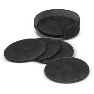 The Trends Collection Sirocco Coaster Set is a set of 6 round coasters that can be laser engraved. In Dark Brown or Black. Great smart coaster corporate gifts.