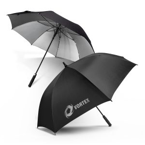 The Trends Collection Patronus Umbrella is a premium 8 panel sports umbrella. Strong canopy with silver underside. Black. Great branded corporate umbrellas.