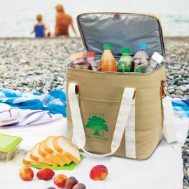 The Trends Collection Canvas Cooler Bag is an impressive large cooler bag.  Heavy cotton canvas outer.   Beige.  Great branded corporate cooler bags.
