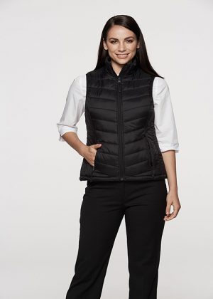 2523 Aussie Pacific Ladies Snowy Puffer Vest - Promotrenz The Aussie Pacific Ladies Snowy Puffer Vest is a nylon/polyester puffer vest. 8 - 22. Black or Navy. Mens available. Great option for winter puffer vests.