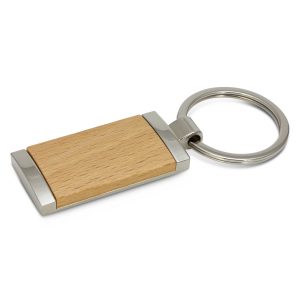 The Trends Collection Albion Key Ring is a rectangular metal key ring with chrome finish and wood plate. Laser Engraved or printed. Branded key rings.