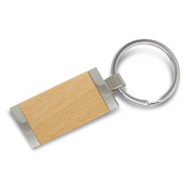 The Trends Collection Albion Key Ring is a rectangular metal key ring with chrome finish and wood plate. Laser Engraved or printed.  Branded key rings.