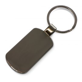 The Trends Collection Taurus Key Ring is a metal key ring with gunmetal plated finish on both sides.  Gunmetal.  Great branded promo key rings.