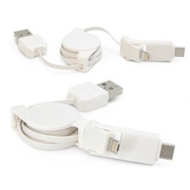 The Trends Collection Universal Charging Cable is a retractable connector cable with 3 cables in 1.  White.  Great branded charging cables.