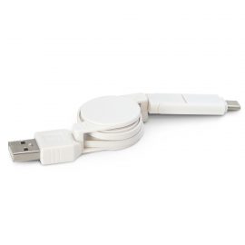 The Trends Collection Universal Charging Cable is a retractable connector cable with 3 cables in 1.  White.  Great branded charging cables.