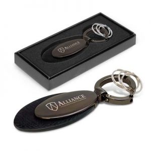 The Trends Caprice Key Ring is a premium leather and metal key ring with spring loaded release clip.  Gunmetal.  Great branded promo key rings.