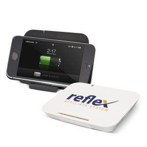 The Trends Collection Lynx Wireless Charging Stand is a compact wireless phone charging stand.  White or Black.  Great branded wireless charging promo products.