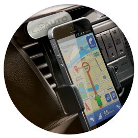 The Trends Collection Zamora Phone Holder secures to car air vents to use as a GPS.  In Black.   Multiple branding options.  Great tech products.