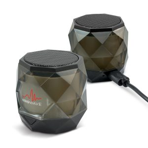 The Trends Collection Quartz Bluetooth Speaker is a compact bluetooth speaker with futuristic design and light show.  Black.  Great branded bluetooth speakers.