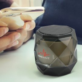 The Trends Collection Quartz Bluetooth Speaker is a compact bluetooth speaker with futuristic design and light show.  Black.  Great branded bluetooth speakers.