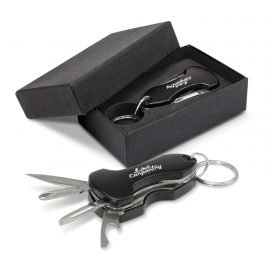 The Trends Collection Mustang Mukti Tool Key Ring is a handy 6 function multi tool with key ring.  In Black.  Printed or laser engraved.  Functional promo products.