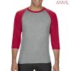 6755 Anvil Adult Tri-Blend 3/4 Sleeve Raglan Tee – Heather Grey/Heather Red
