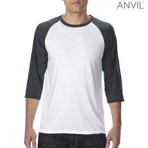 6755 Anvil Tri-Blend 3/4 Sleeve Raglan Tee - White/Heather Dark Grey The Anvil Tri-Blend Adult 3/4 Sleeve Raglan Tee is a 159gsm 3/4 sleeve tee. 4 colour combinations. XS - 2XL. Great brandable raglan tees from Anvil.