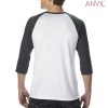 6755 Anvil Tri-Blend 3/4 Sleeve Raglan Tee – White/Heather Dark Grey
