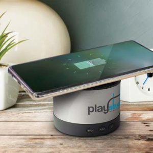 The Trends Collection Alcan Speaker Wireless Charger is a multi purpose 3W Bluetooth speaker with built in wireless charger.  Silver.  Great tech promo products.