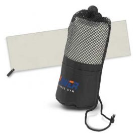 The Trends Collection Mako Gym Towel is a space saving gym towel made from absorbent polyester.  Grey towel with black bag.  Great branded gym towels. 
