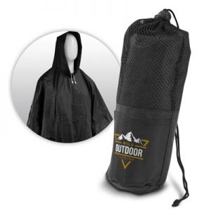 The Trends Collection Storm Rain Poncho is a reusable waterproof rain poncho with fasteners and drawstring hood.  Black.  Great branded rain ponchos. 