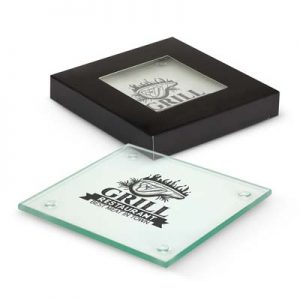 116394 TRENDS Venice Glass Coaster Set of 2 The Trends Venice Coaster Set of 2 are a set of 2 square glass coasters. Black gift box with window. 3 branding options. Great promo products from Trends Collection.