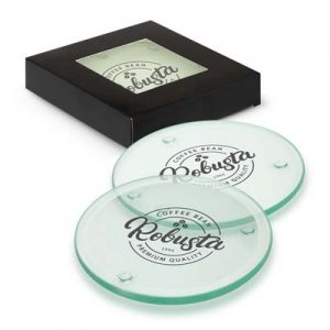 116397 TRENDS Venice Glass Coaster Set of 4 The Trends Venice Glass Coaster set of 4 are round glass coasters. 3 branding options. Black gift box with window. Great coasters from Trends.