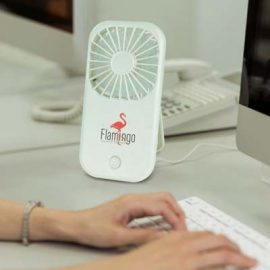 The TRENDS Opal Desk Fan is a compact and portable USB powered fan.  Large branding area.  Black or White.  Great branded tech promo products.
