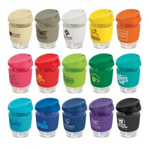 The TRENDS Nova Cup - Borosilicate 250ml is an elegant reusable borosilicate coffee cup.  15 colours for lids and bands.  Great branded cups.