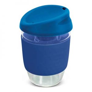 The TRENDS Nova Cup - Borosilicate 250ml is an elegant reusable borosilicate coffee cup.  15 colours for lids and bands.  Great branded cups.