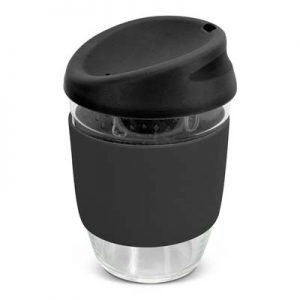 The TRENDS Nova Cup - Borosilicate 250ml is an elegant reusable borosilicate coffee cup.  15 colours for lids and bands.  Great branded cups.