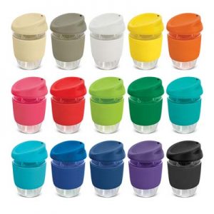 The TRENDS Nova Cup - Borosilicate 250ml is an elegant reusable borosilicate coffee cup.  15 colours for lids and bands.  Great branded cups.