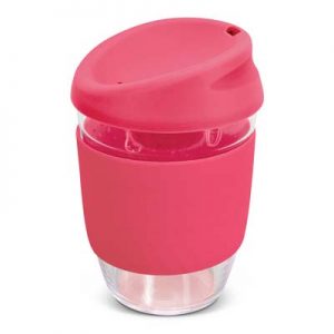 The TRENDS Nova Cup - Borosilicate 250ml is an elegant reusable borosilicate coffee cup.  15 colours for lids and bands.  Great branded cups.
