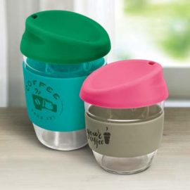 The TRENDS Nova Cup - Borosilicate 250ml is an elegant reusable borosilicate glass coffee cup.  15 colours for lids and bands.  Great branded glass cups.