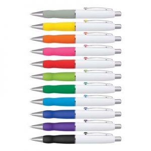 The TRENDS Turbo Pen - White Barrel is a retractable brass ball pen with soft rubber grip. 11 colours.  Great branded pens for you and your clients.