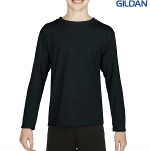 The Gildan Performance Youth Long Sleeve Tee is a 100% polyester jersey knit long sleeve tee.  4 colours.  XS - XL.  Great branded youth performance tees.