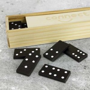 The TRENDS Dominoes Game is a classic game of dominoes in a wooden box with sliding lid.  Branded eco promotional products from TRENDS.
