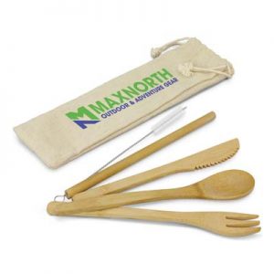 The TRENDS Bamboo Cutlery Set is an eco friendly cutlery set.  Print or transfer branding.  Cotton drawstring bag.  Great enviromentally friendly promotions.