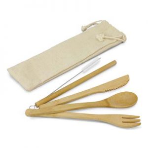 The TRENDS Bamboo Cutlery Set is an eco friendly cutlery set.  Print or transfer branding.  Cotton drawstring bag.  Great enviromentally friendly promotions.