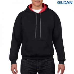 185C00 Gildan Adult Contrast Hooded Sweatshirt - Black/Red The Gildan Adult Contrast Hooded Sweatshirt is a 50% cotton contrast jersey lined hooded hoodie. 6 colours. S - 3XL. Great branded contrast hoodies.
