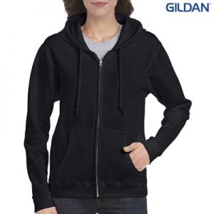 The Gildan Ladies Full Zip Hooded Sweatshirt is a 50% cotton, 279gsm semi fitted zip hoodie. 8 - 18. 4 colours. Great branded zip hoodies from Gildan.