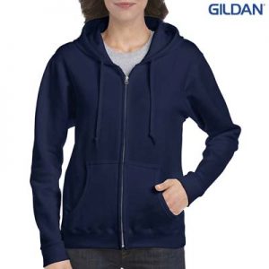 18600FL Gildan Ladies Full Zip Hooded Sweatshirt - Navy The Gildan Ladies Full Zip Hooded Sweatshirt is a 50% cotton, 279gsm semi fitted zip hoodie. 8 - 18. 4 colours. Great branded zip hoodies from Gildan.