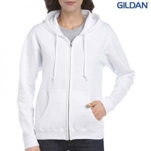 The Gildan Ladies Full Zip Hooded Sweatshirt is a 50% cotton, 279gsm semi fitted zip hoodie. 8 - 18. 4 colours. Great branded zip hoodies from Gildan.