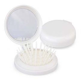The Trends Compact Brush with Mirror is a foldable plastic hairbrush with mirror.  White or Black.  Great branded travel promotional products.