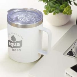 The TRENDS Zeus Vacuum Cup is a premium 400ml double wall, vacuum, insulated stainless steel coffee cup.  White or Black.  Great branded vacuum cups.