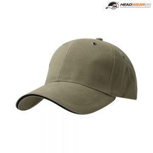 The Headwear24 6 Panel Metal Sandwich Peak is a 270gsm brushed cotton twill cap with contrast trim.  13 colours.  Great branded 6 panel caps.