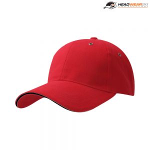 The Headwear24 6 Panel Metal Sandwich Peak is a 270gsm brushed cotton twill cap with contrast trim.  13 colours.  Great branded 6 panel caps.
