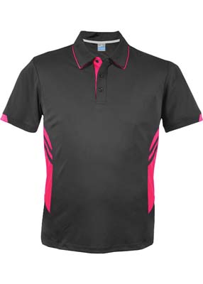 N131196402 Aussie Pacific Mens Tasman Polo - Slate/Neon Pink The Aussie Pacific Mens Tasman Polo is a 150gsm, driwear polyester polo shirt.  Ladies and Kids available.  32 colours.  Great branded polos from Aussie Pacific.