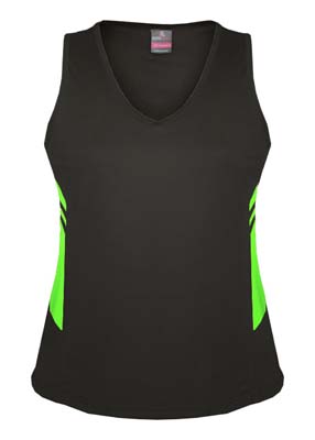 N211196361 Aussie Pacific Ladies Tasman Singlet - Slate/Neon Green The Aussie Pacific Ladies Tasman Singlet is a 150gsm, driwear 100% polyester singlet. 27 colours. 4 - 20. Great branded singlets from Aussie Pacific.