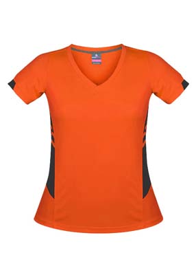 N221138961 Aussie Pacific Ladies Tasman Tee - Neon Orange/Slate The Aussie Pacific Ladies Tasman Tee is a 150gsm, 100% polyester tee. 29 colours. 4 - 20. Snag resistant. Great branded tees from Aussie Pacific.