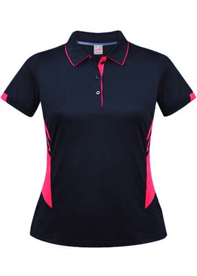 N231108401 Aussie Pacific Ladies Tasman Polo - Navy/Neon Pink The Aussie Pacific Ladies Tasman Polo is a 150gsm, driwear polyester polo shirt. Mens and Kids available. 32 colours. Great branded polos from Aussie Pacific.